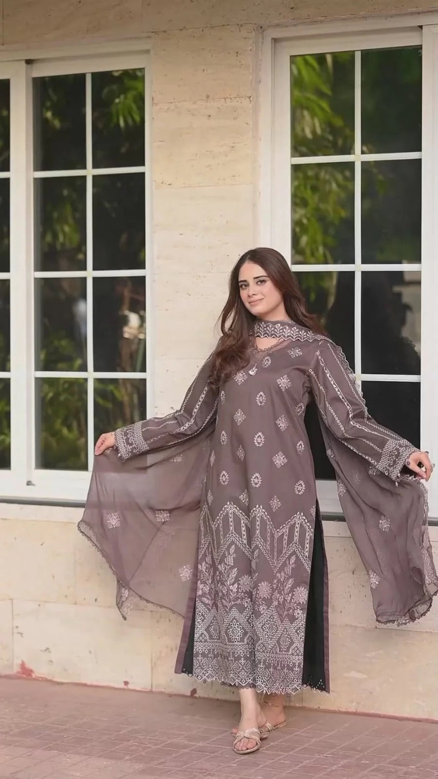 FULLY EMBROIDERED 3PC DHANAK DRESS WITH EMBROIDERED DHANAK SHAWL- ABH-66