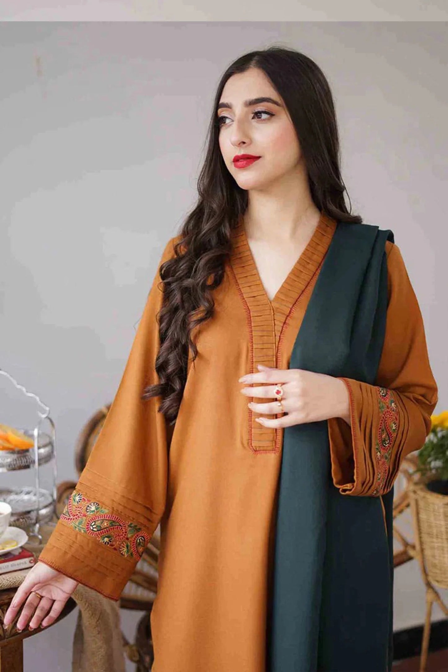 FULLY EMBROIDERED 3PC DHANAK DRESS WITH EMBROIDERED DHANAK SHAWL- ABH-47