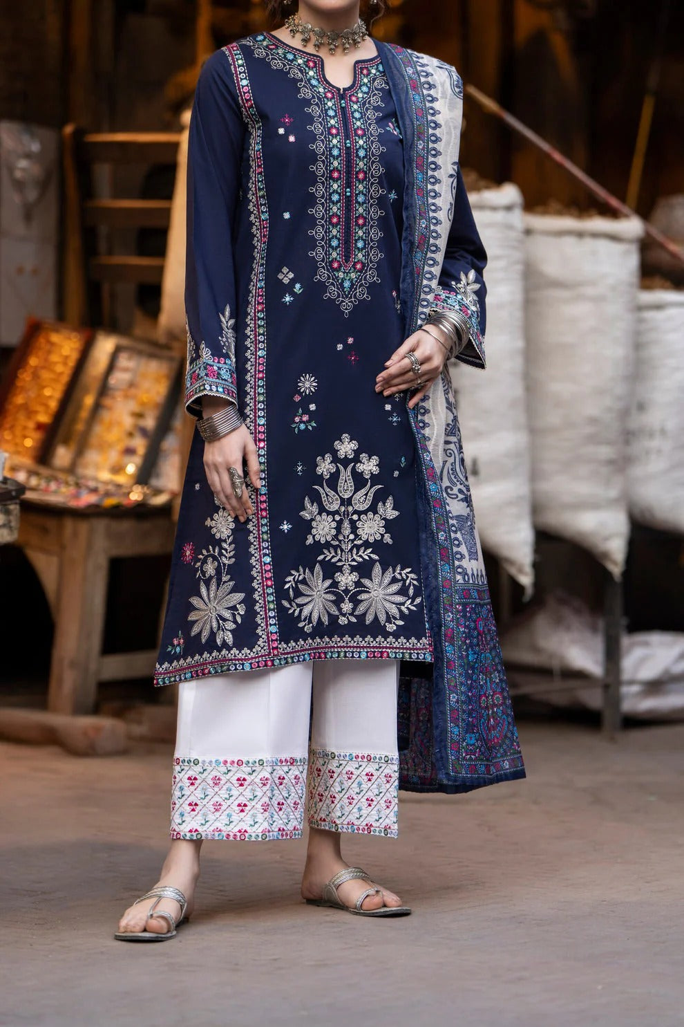 FULLY EMBROIDERED 3PC DHANAK DRESS WITH EMBROIDERED DHANAK SHAWL- ABH-65