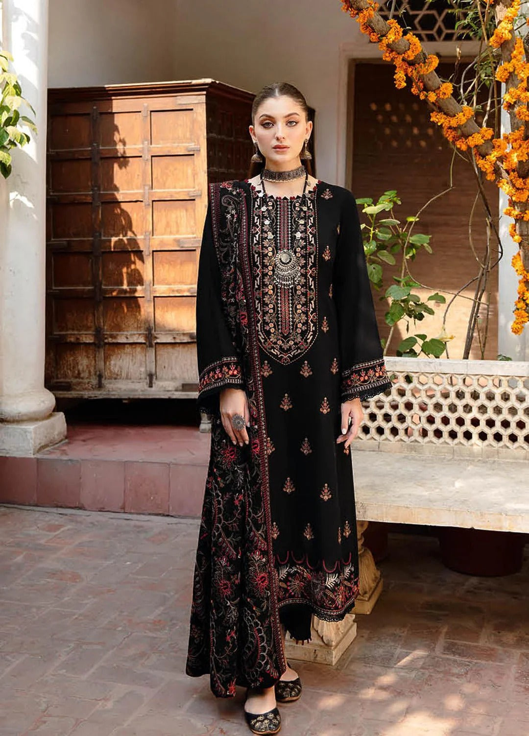 FULLY EMBROIDERED 3PC DHANAK DRESS WITH EMBROIDERED DHANAK SHAWL- ABH-39