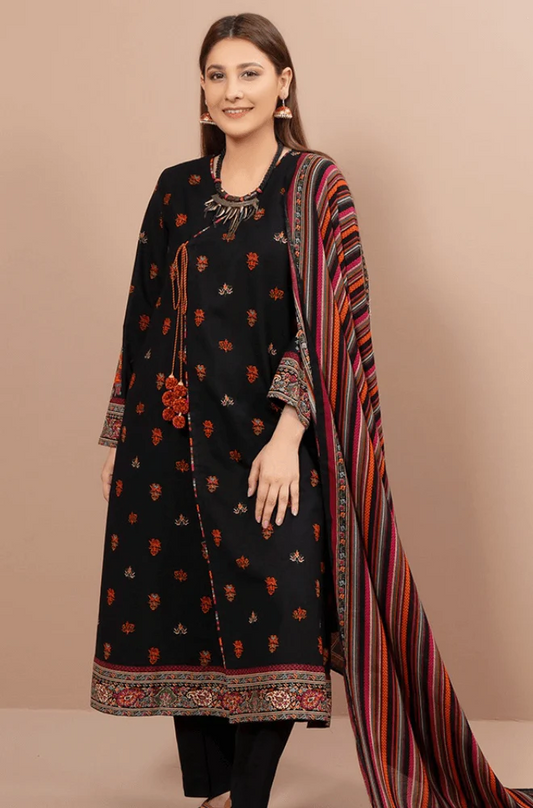 FULLY EMBROIDERED 3PC DHANAK DRESS WITH PRINTED WOOL SHAWL- ABH-26
