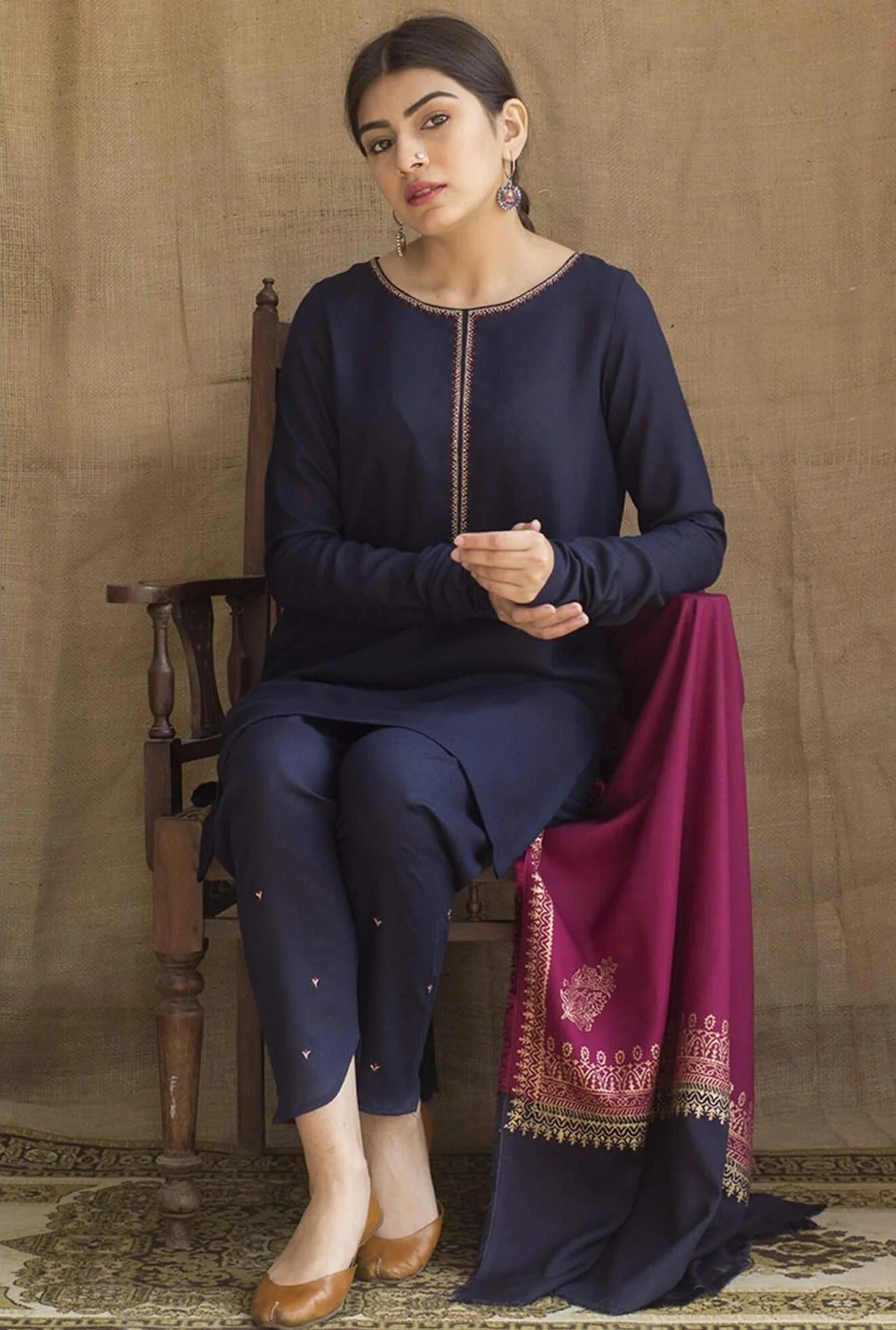 FULLY EMBROIDERED 3PC DHANAK DRESS WITH EMBROIDERED DHANAK SHAWL- ABH-56