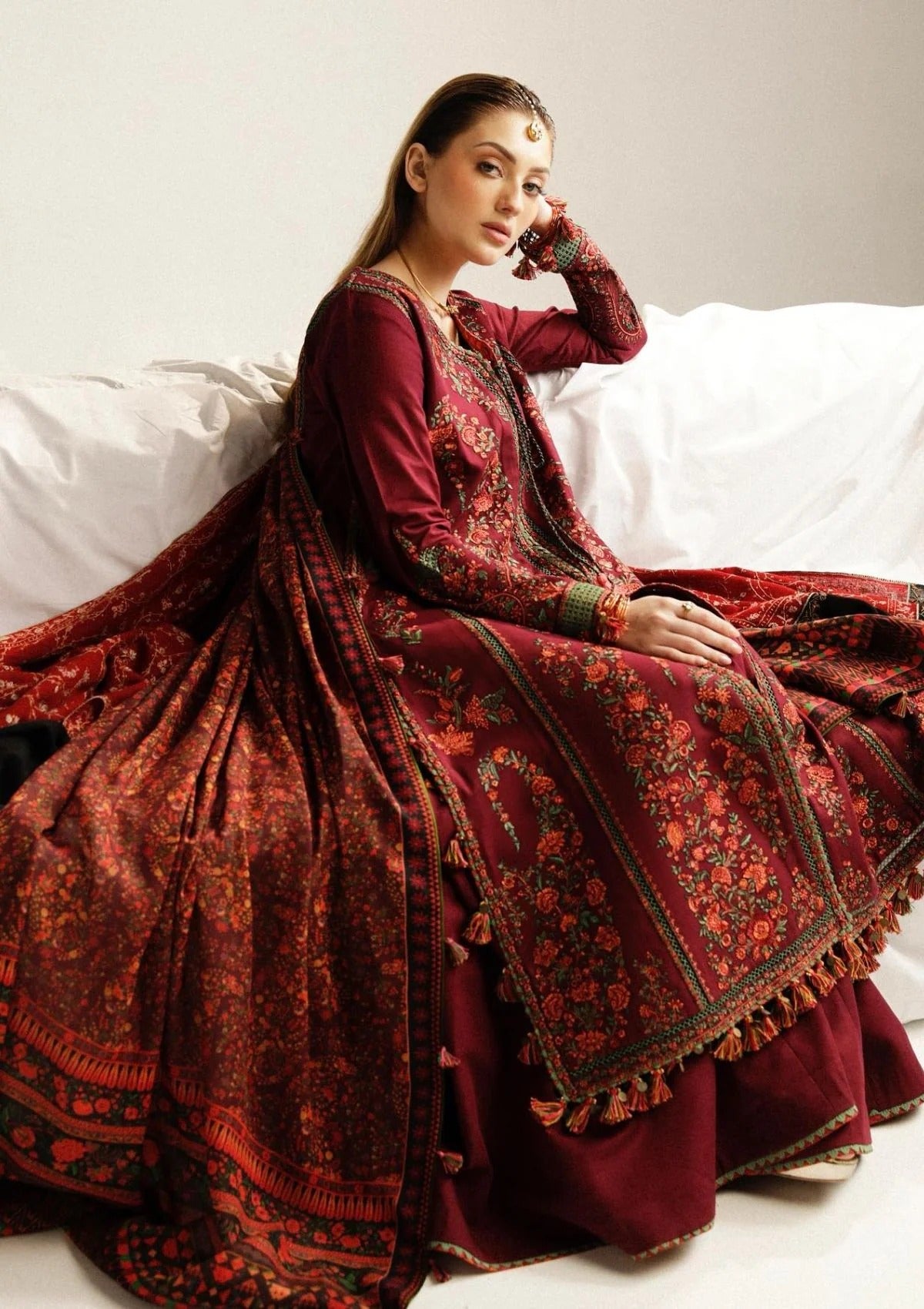 FULLY EMBROIDERED 3PC DHANAK DRESS WITH EMBROIDERED DHANAK SHAWL- ABH-57