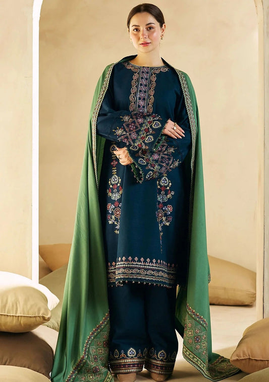 FULLY EMBROIDERED 3PC DHANAK DRESS WITH EMBROIDERED DHANAK SHAWL- ABH-36