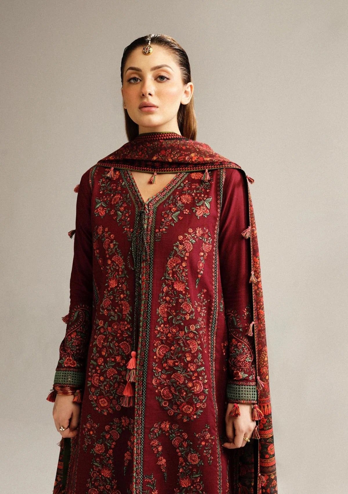 FULLY EMBROIDERED 3PC DHANAK DRESS WITH EMBROIDERED DHANAK SHAWL- ABH-57