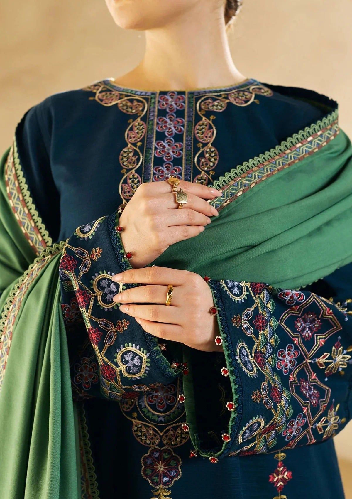 FULLY EMBROIDERED 3PC DHANAK DRESS WITH EMBROIDERED DHANAK SHAWL- ABH-36