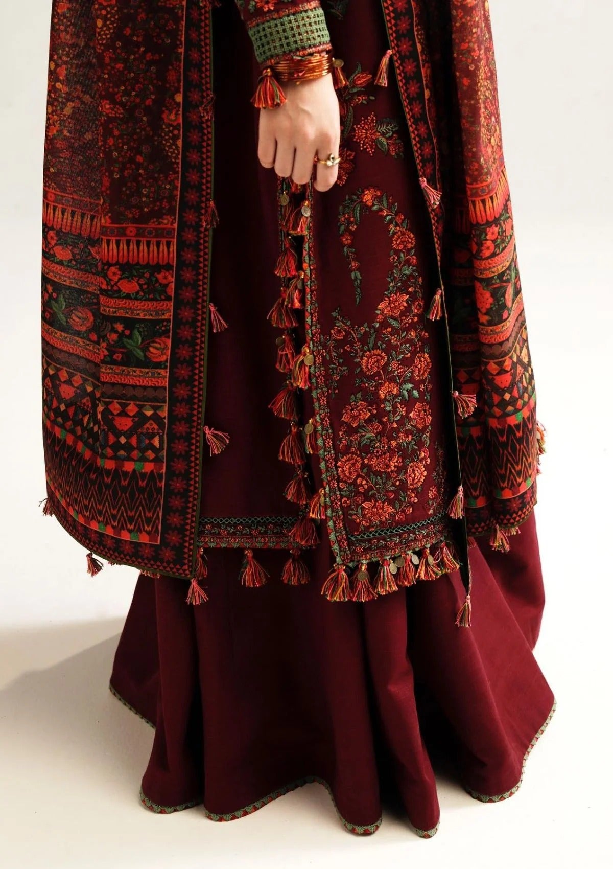 FULLY EMBROIDERED 3PC DHANAK DRESS WITH EMBROIDERED DHANAK SHAWL- ABH-57