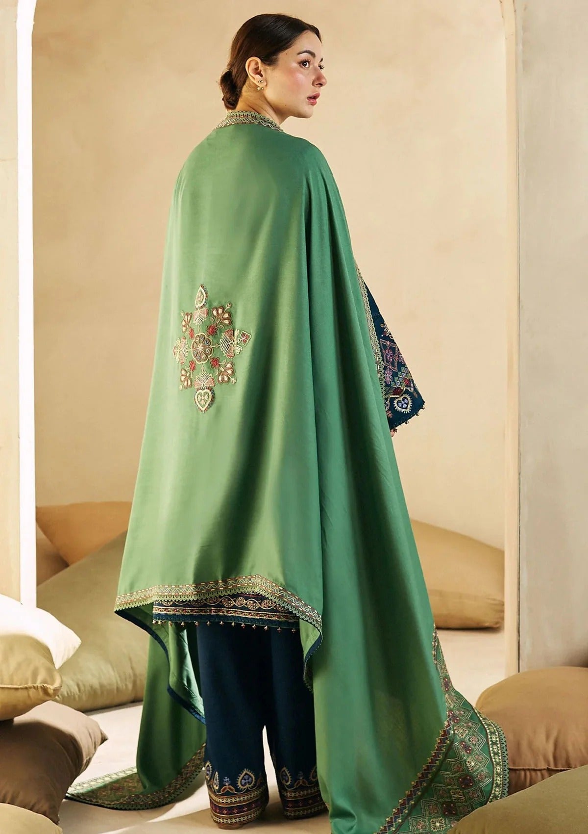 FULLY EMBROIDERED 3PC DHANAK DRESS WITH EMBROIDERED DHANAK SHAWL- ABH-36