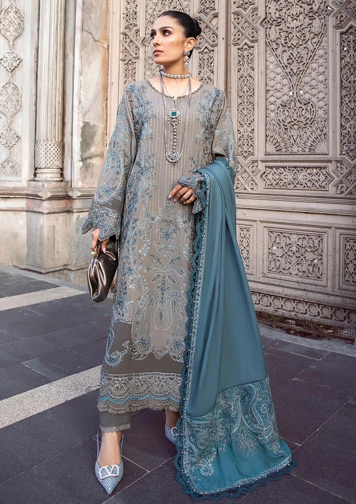 FULLY EMBROIDERED 3PC DHANAK DRESS WITH EMBROIDERED DHANAK SHAWL- ABH-51