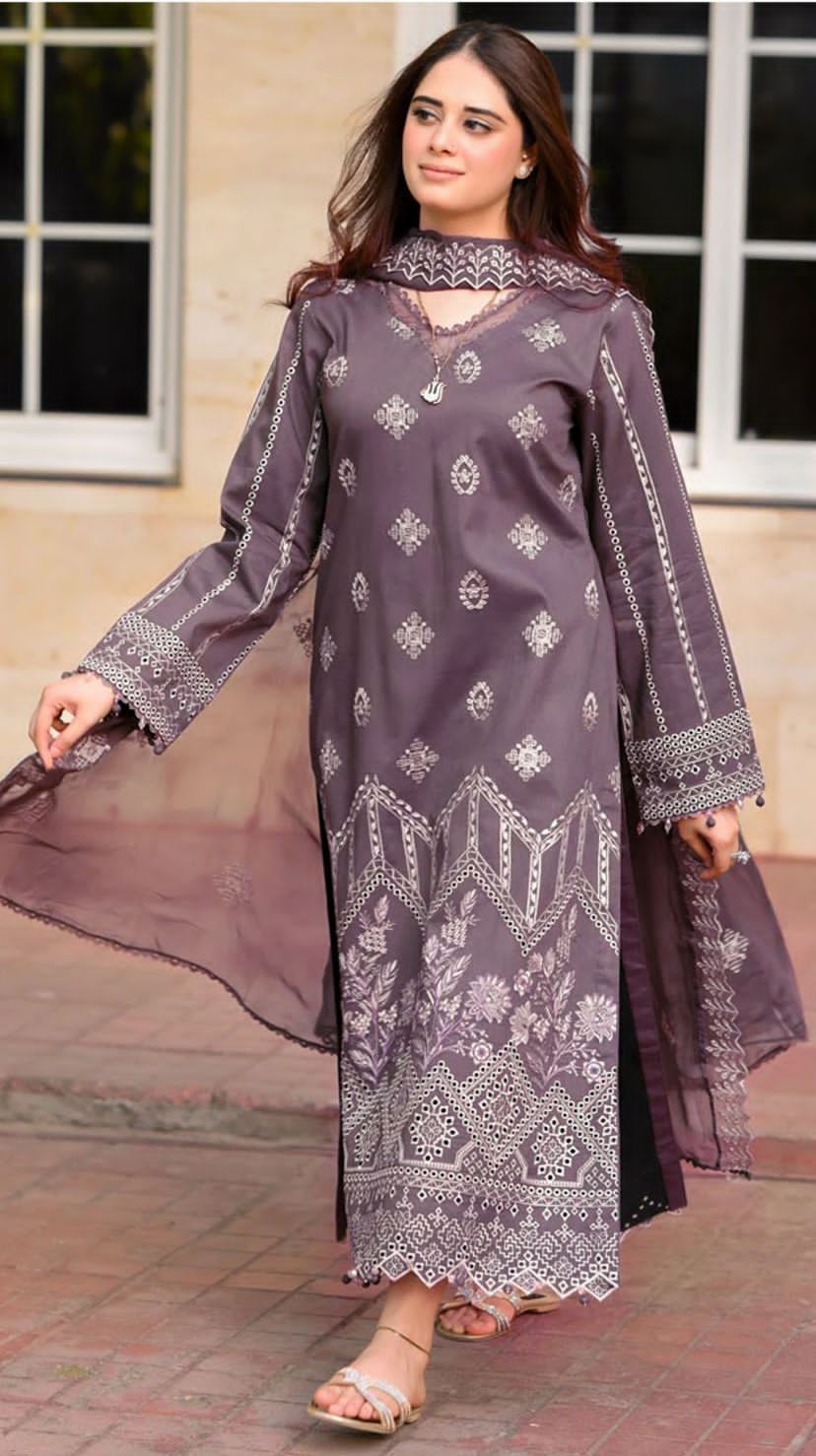 FULLY EMBROIDERED 3PC DHANAK DRESS WITH EMBROIDERED DHANAK SHAWL- ABH-66