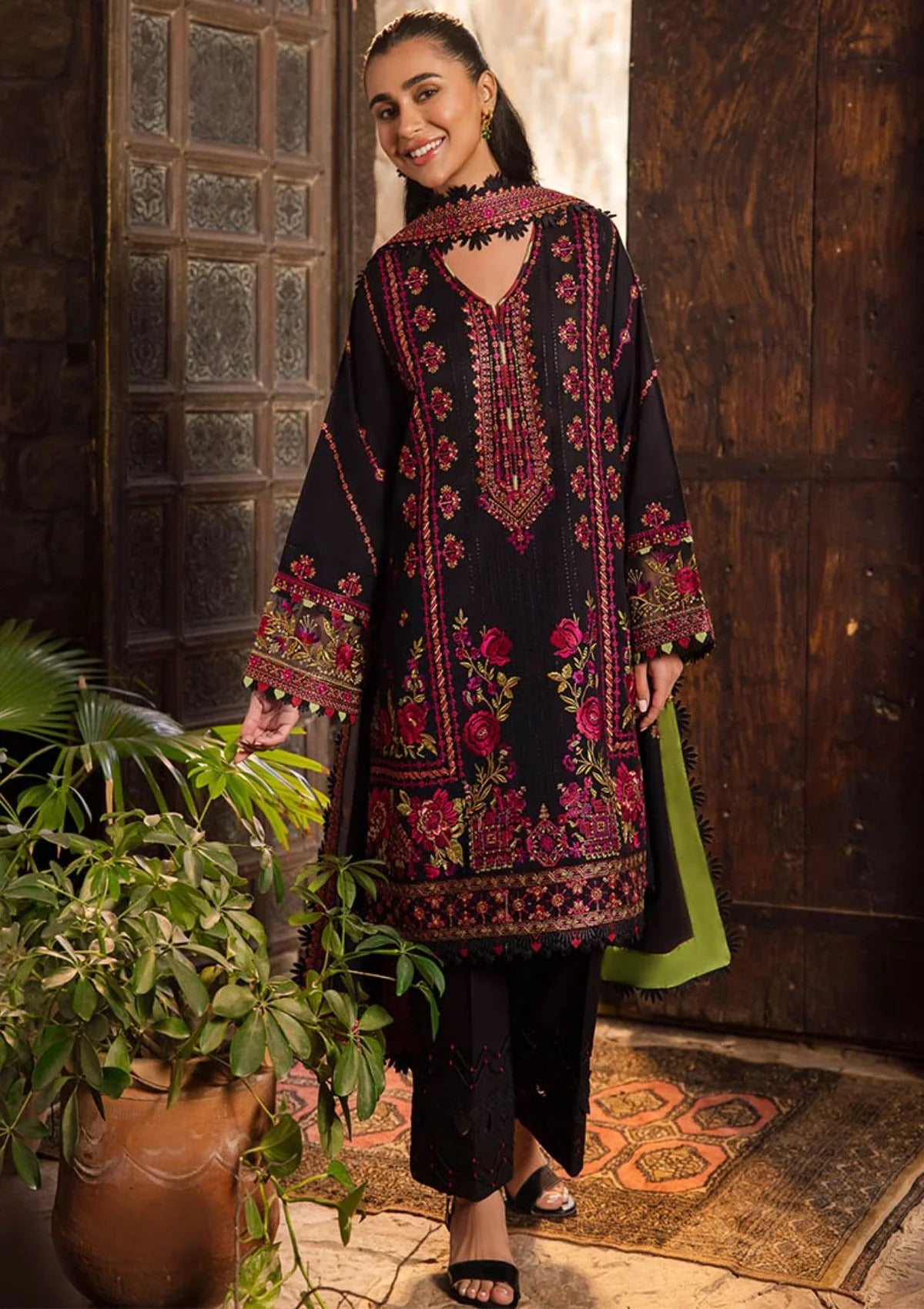 FULLY EMBROIDERED 3PC DHANAK DRESS WITH EMBROIDERED DHANAK SHAWL- ABH-30