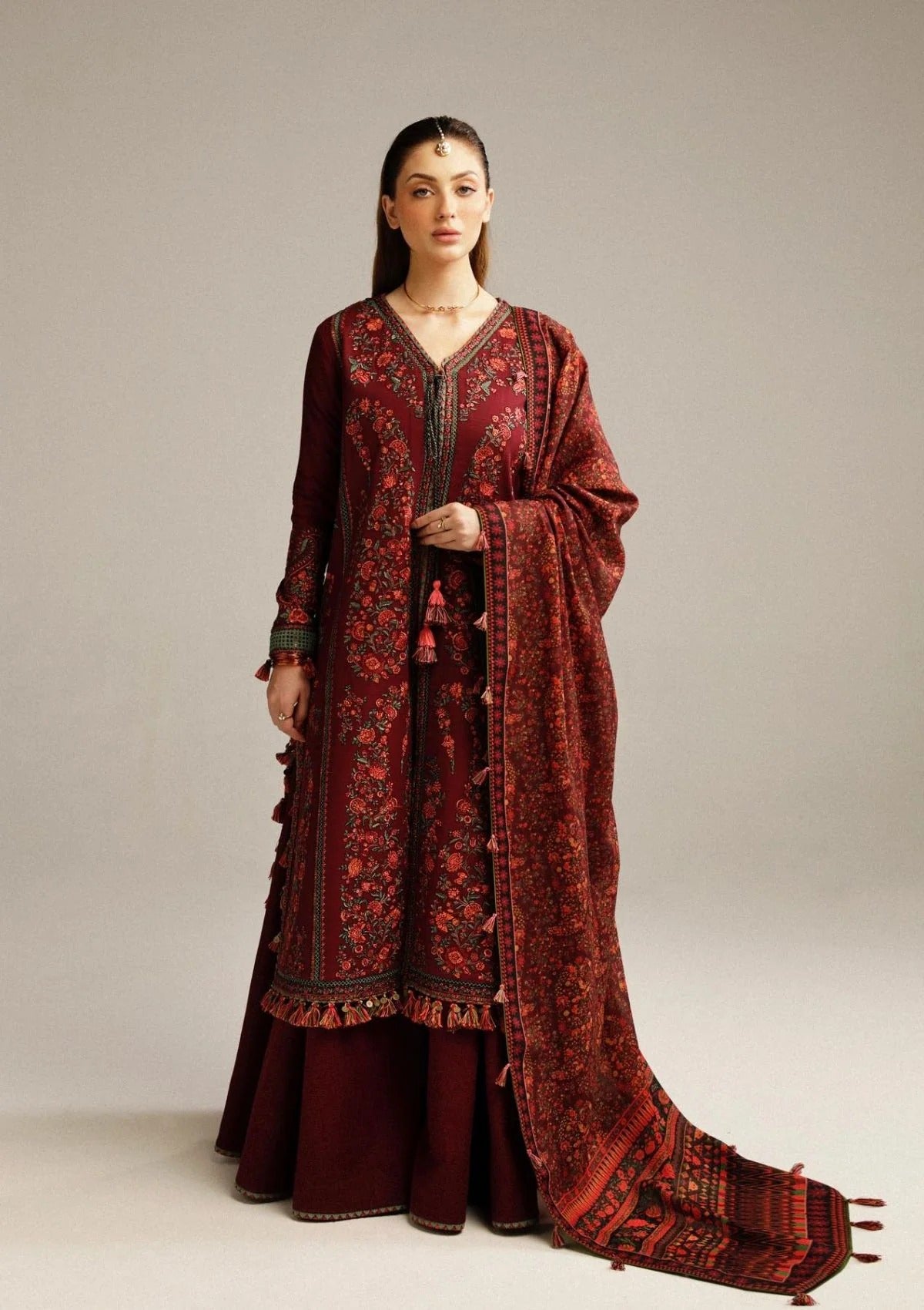 FULLY EMBROIDERED 3PC DHANAK DRESS WITH EMBROIDERED DHANAK SHAWL- ABH-57