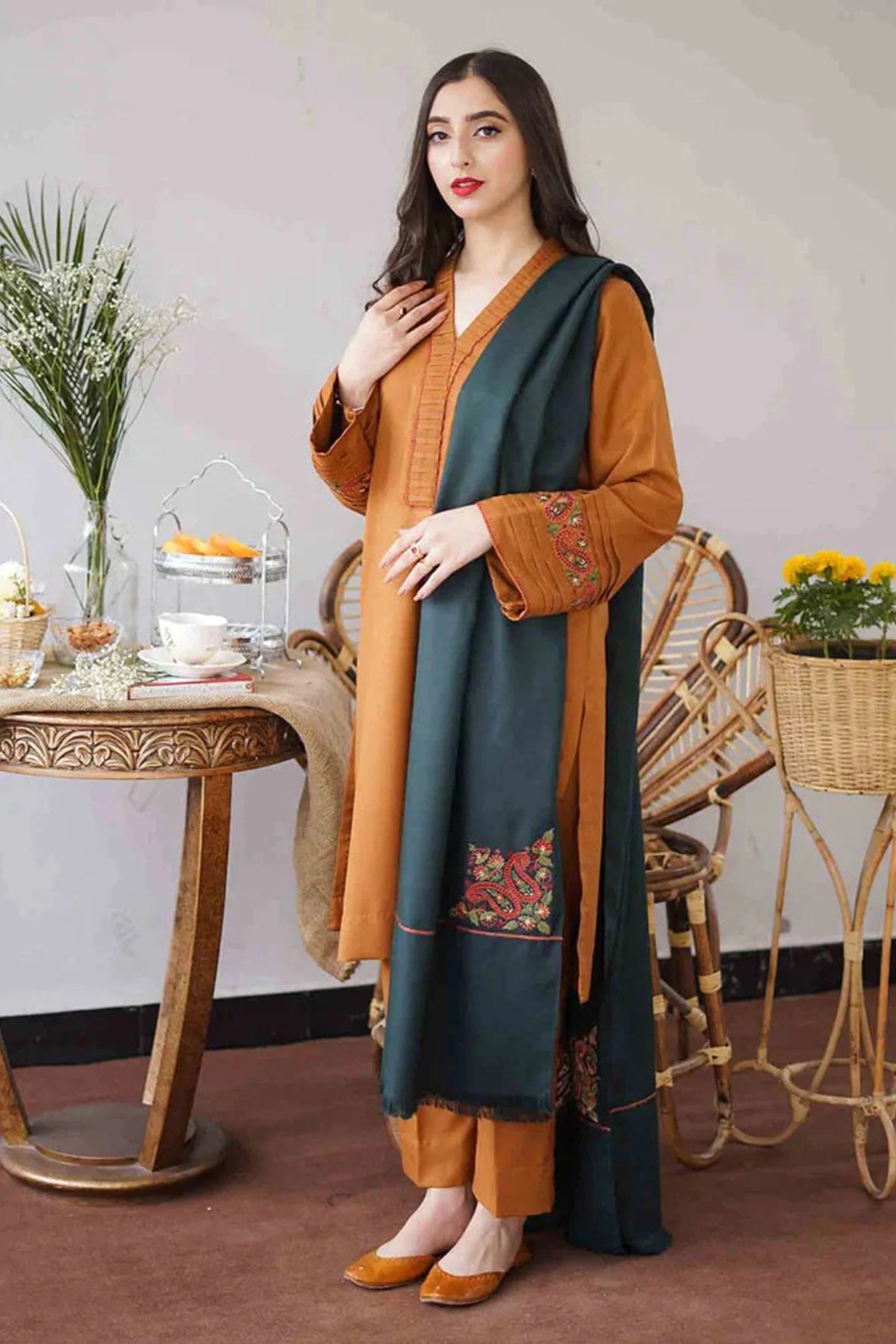 FULLY EMBROIDERED 3PC DHANAK DRESS WITH EMBROIDERED DHANAK SHAWL- ABH-47