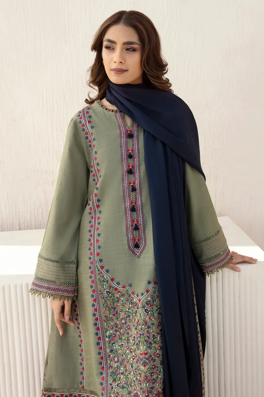 FULLY EMBROIDERED 3PC DHANAK DRESS WITH EMBROIDERED DHANAK SHAWL- ABH-43