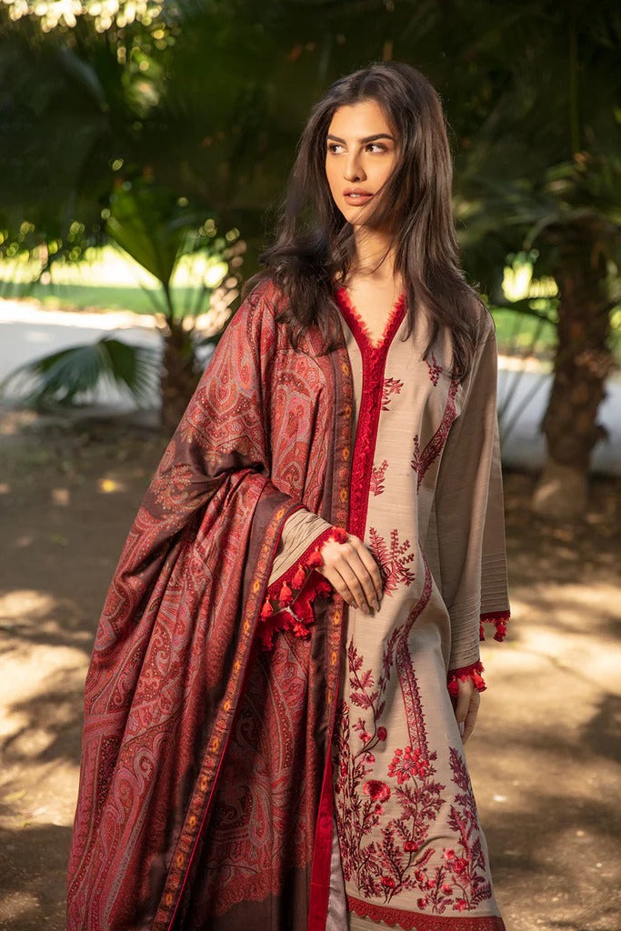 FULLY EMBROIDERED 3PC DHANAK DRESS WITH EMBROIDERED DHANAK SHAWL- ABH-35