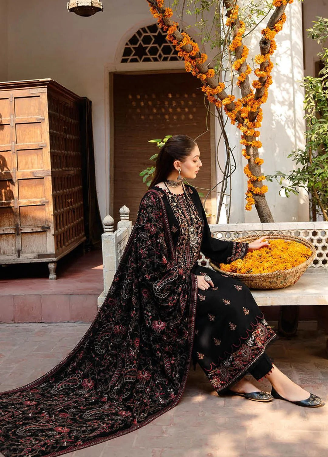 FULLY EMBROIDERED 3PC DHANAK DRESS WITH EMBROIDERED DHANAK SHAWL- ABH-39