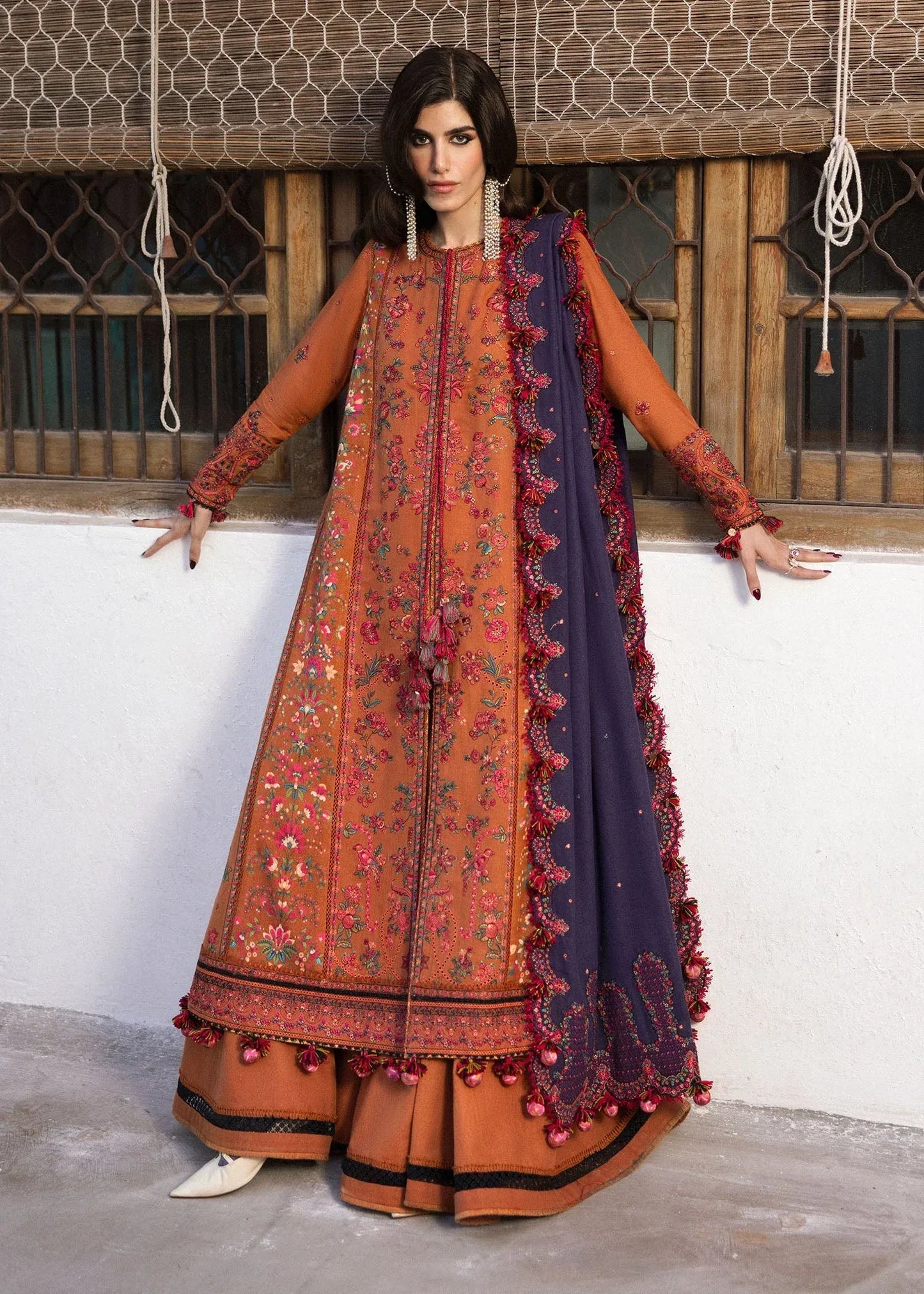 FULLY EMBROIDERED 3PC DHANAK DRESS WITH EMBROIDERED DHANAK SHAWL- ABH-63