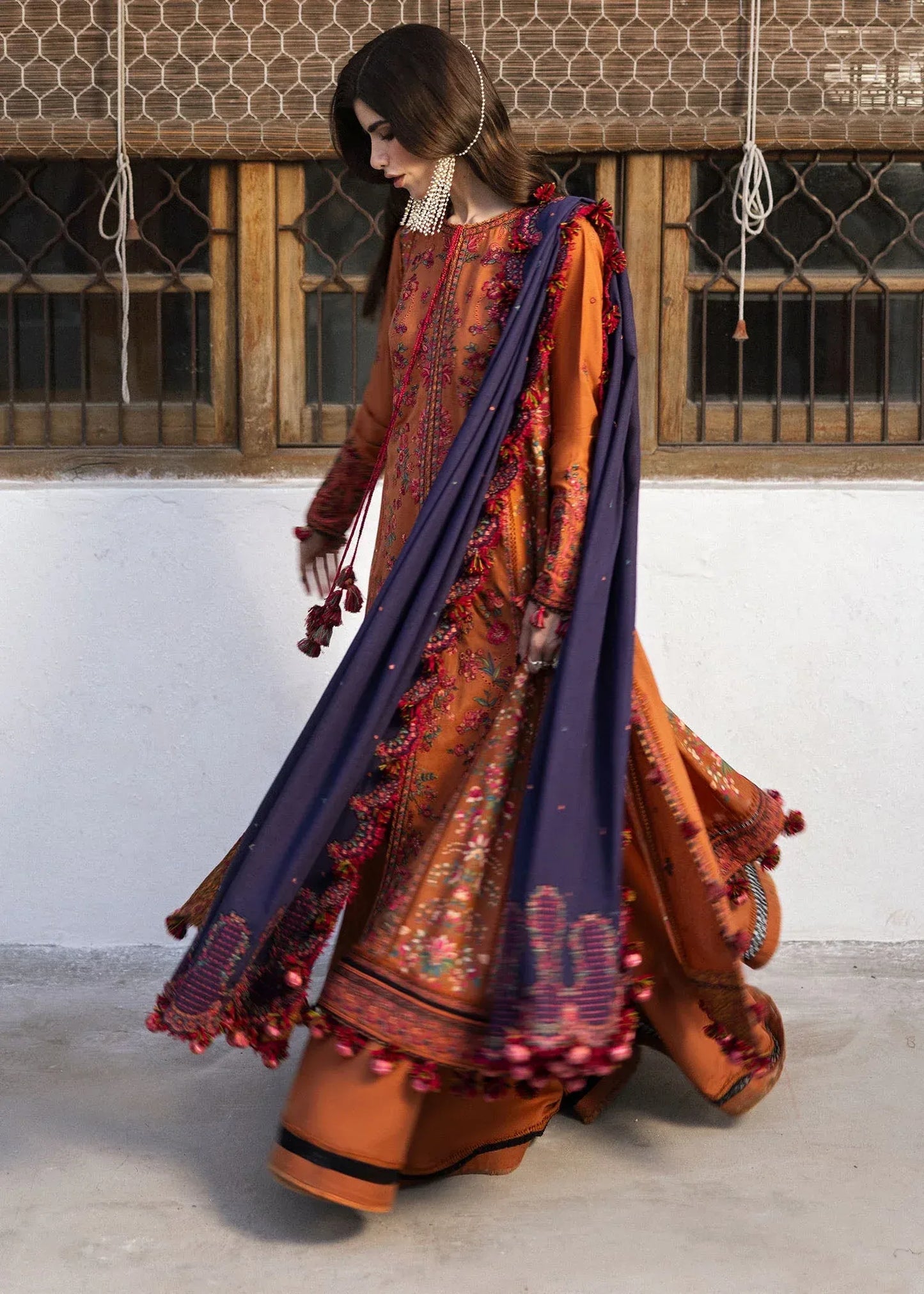 FULLY EMBROIDERED 3PC DHANAK DRESS WITH EMBROIDERED DHANAK SHAWL- ABH-63