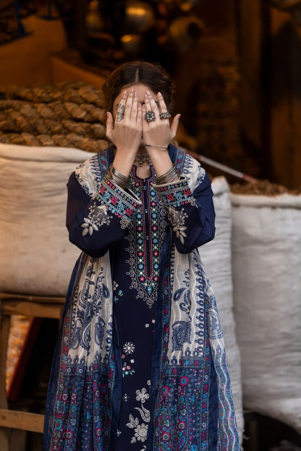 FULLY EMBROIDERED 3PC DHANAK DRESS WITH EMBROIDERED DHANAK SHAWL- ABH-65