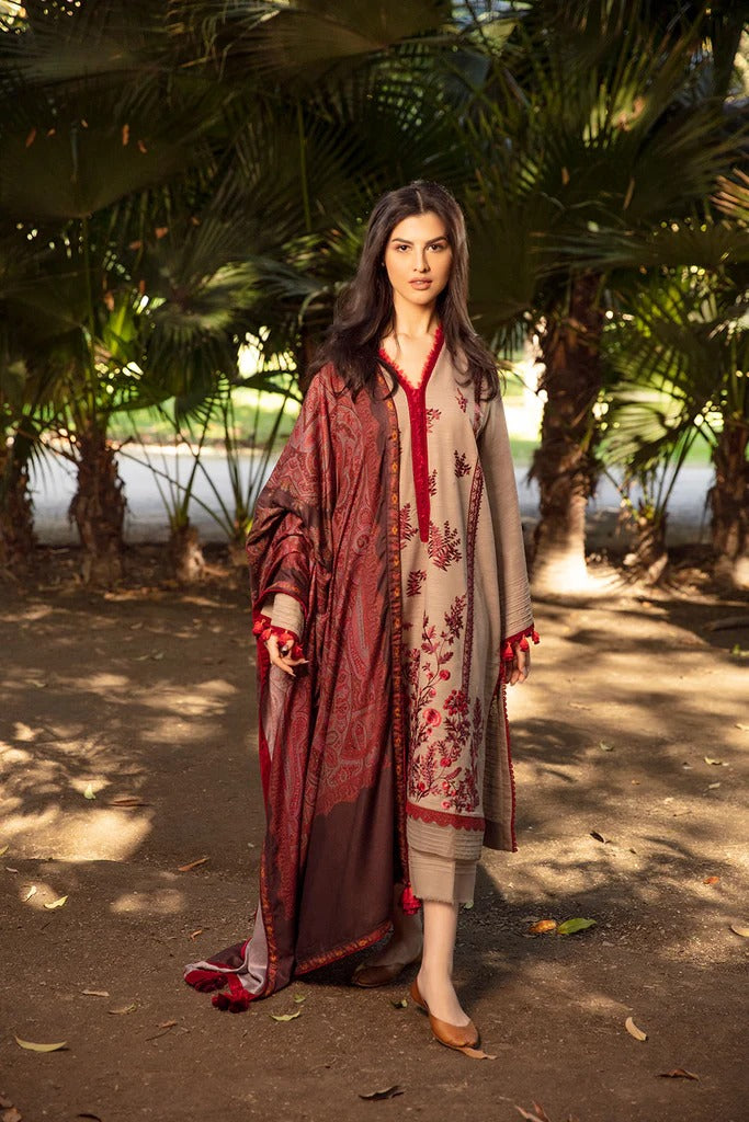 FULLY EMBROIDERED 3PC DHANAK DRESS WITH EMBROIDERED DHANAK SHAWL- ABH-35