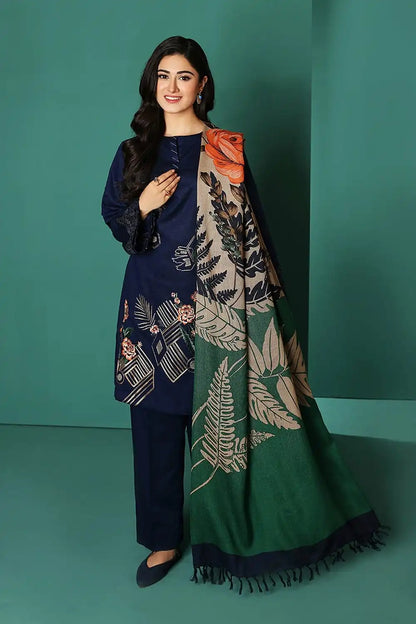 FULLY EMBROIDERED 3PC DHANAK DRESS WITH PRINTED WOOL SHAWL- ABH-27