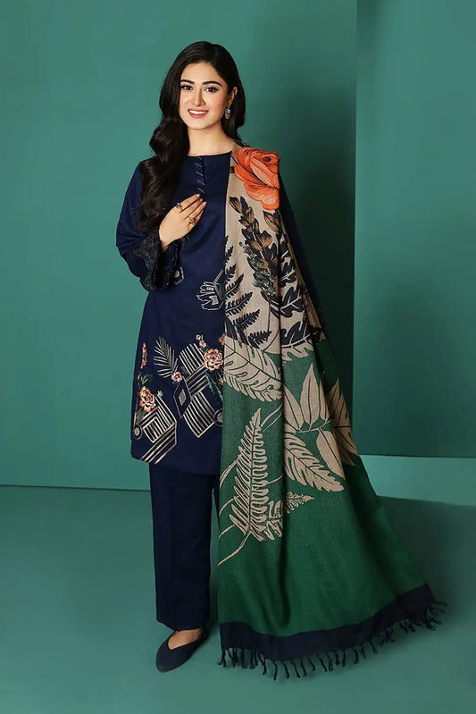 FULLY EMBROIDERED 3PC DHANAK DRESS WITH PRINTED WOOL SHAWL- ABH-27