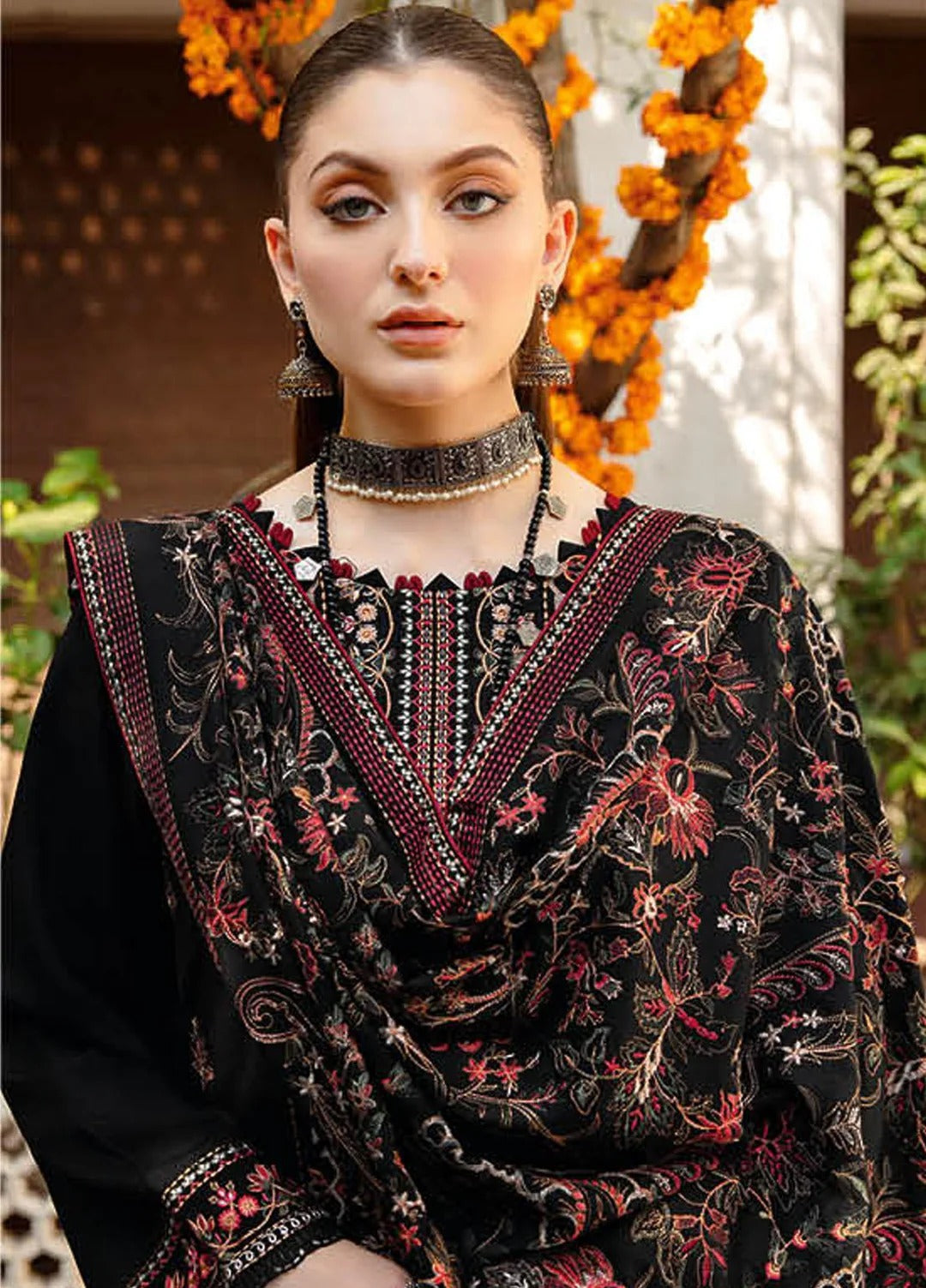 FULLY EMBROIDERED 3PC DHANAK DRESS WITH EMBROIDERED DHANAK SHAWL- ABH-39