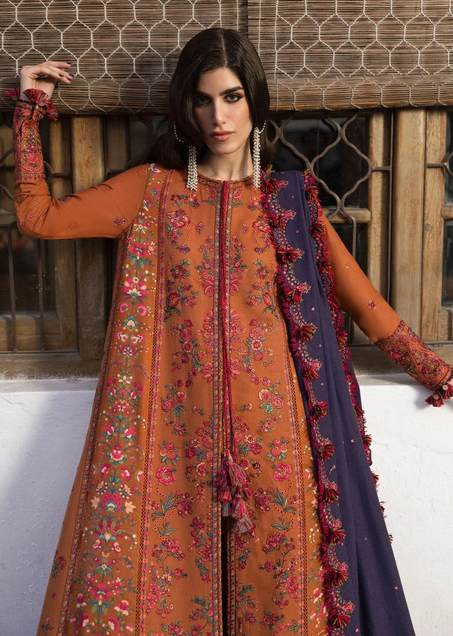 FULLY EMBROIDERED 3PC DHANAK DRESS WITH EMBROIDERED DHANAK SHAWL- ABH-63
