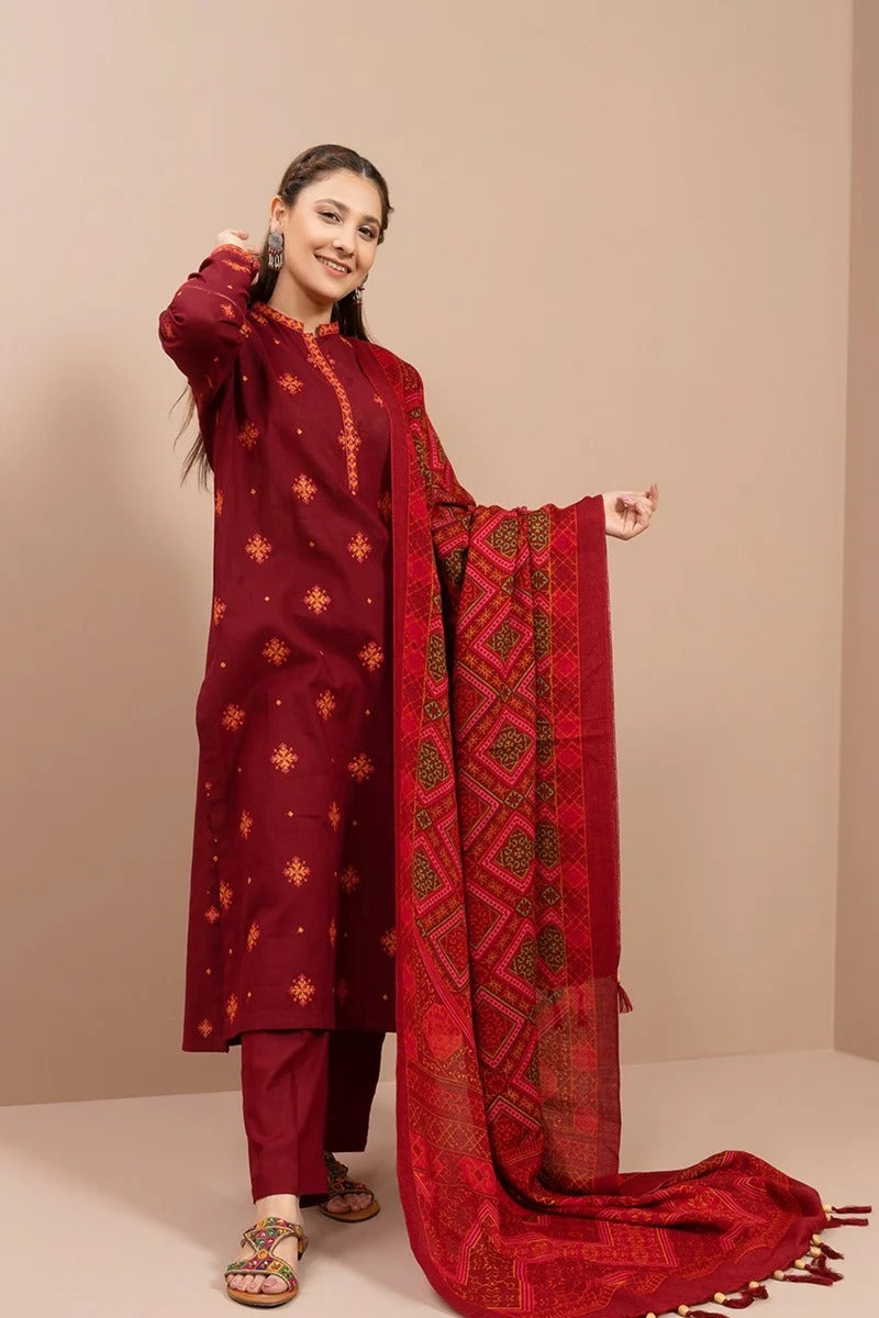 FULLY EMBROIDERED 3PC DHANAK DRESS WITH EMBROIDERED DHANAK SHAWL- ABH-42