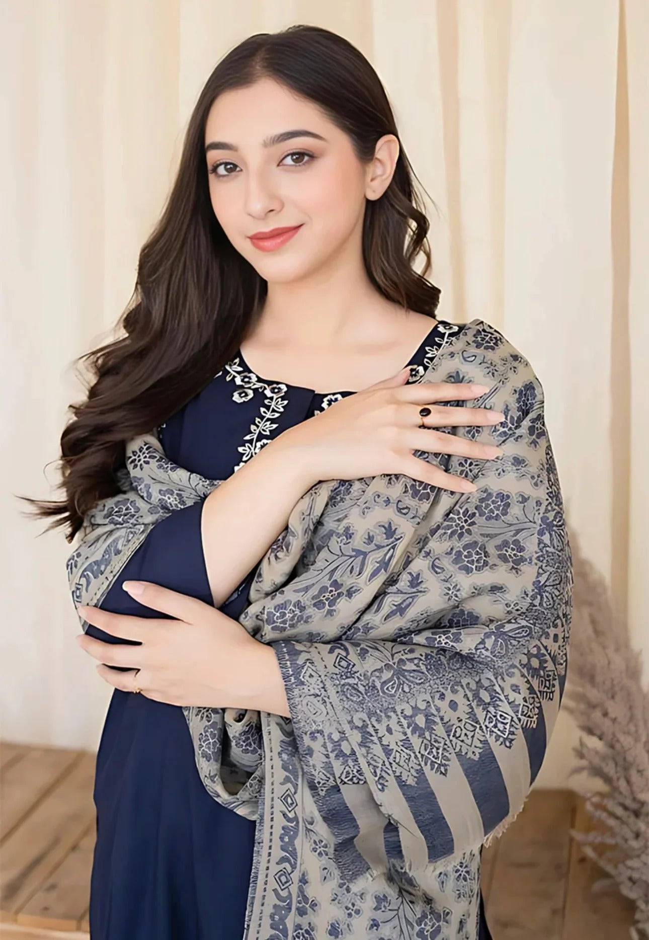 FULLY EMBROIDERED 3PC DHANAK DRESS WITH EMBROIDERED DHANAK SHAWL- ABH-48