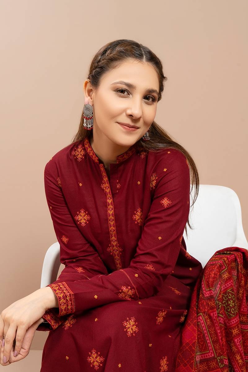 FULLY EMBROIDERED 3PC DHANAK DRESS WITH EMBROIDERED DHANAK SHAWL- ABH-42