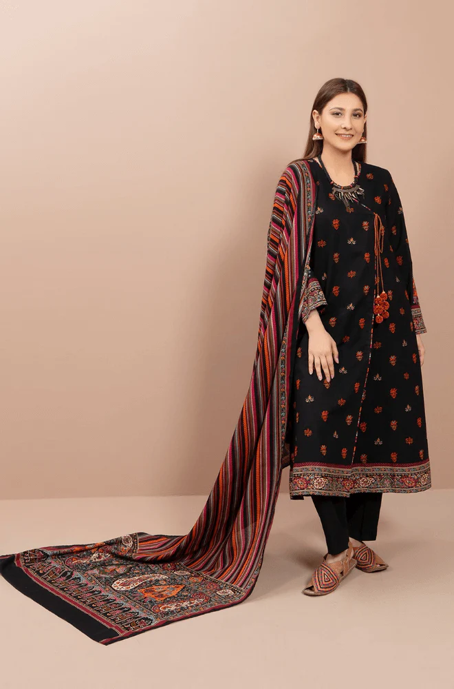 FULLY EMBROIDERED 3PC DHANAK DRESS WITH PRINTED WOOL SHAWL- ABH-26