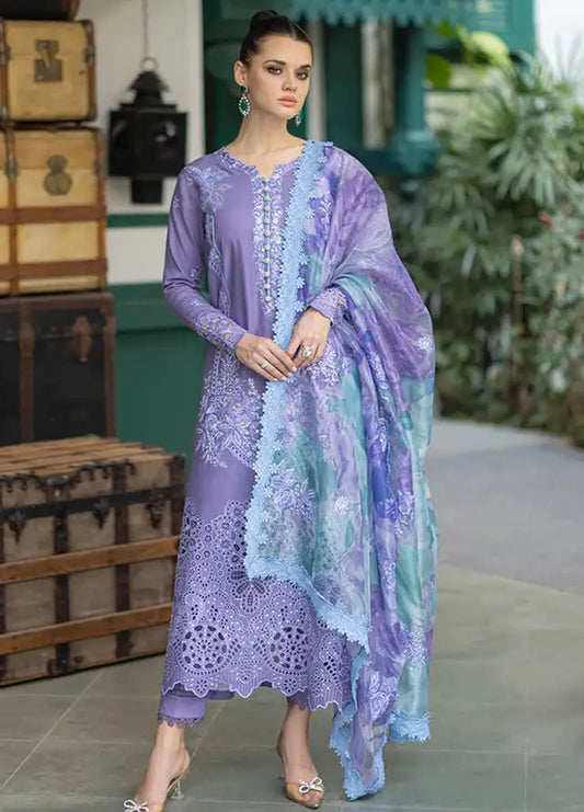 FULLY EMBROIDERED 3PC LAWN CHIKENKARI DRESS WITH SILK PRINTED DUPATTA- SROR86