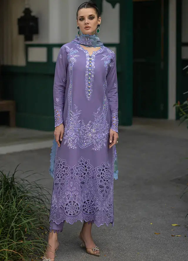 FULLY EMBROIDERED 3PC LAWN CHIKENKARI DRESS WITH SILK PRINTED DUPATTA- SROR86
