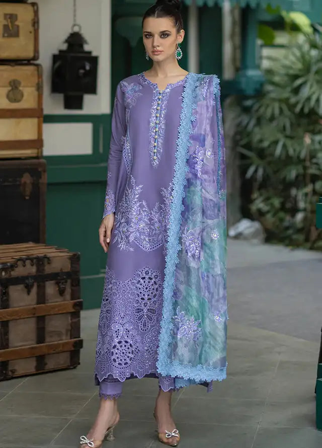 FULLY EMBROIDERED 3PC LAWN CHIKENKARI DRESS WITH SILK PRINTED DUPATTA- SROR86