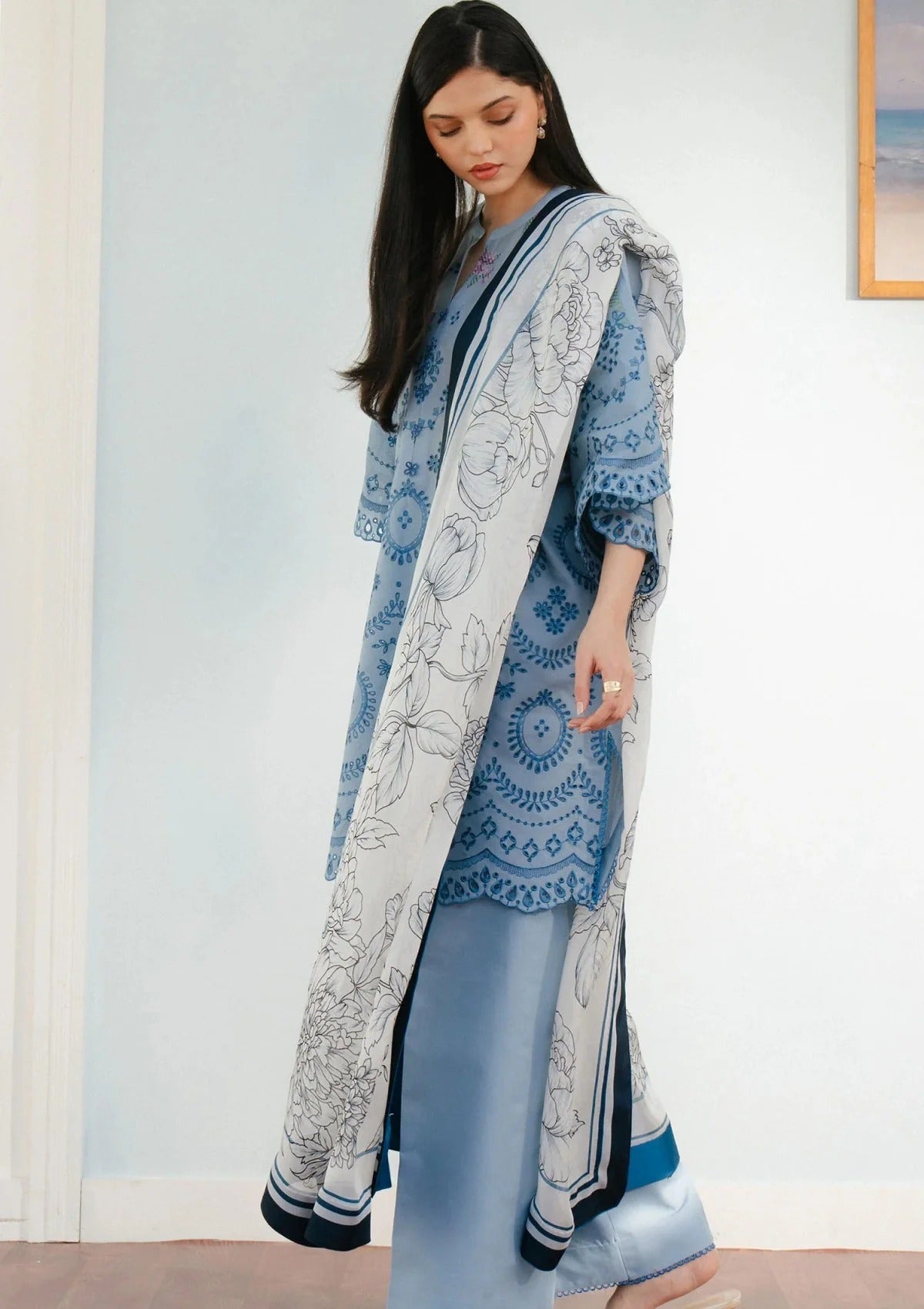 3PC LAWN EMBROIDERED DRESS WITH MONAR DUPATTA- ABH-09